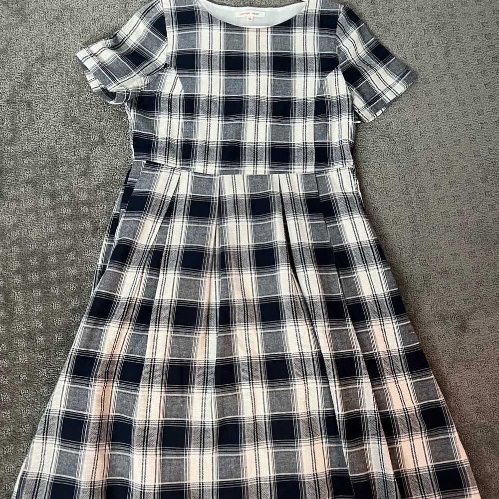 Navy blue and cream plaid dress